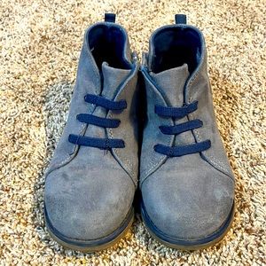 Gray faux suede boots.